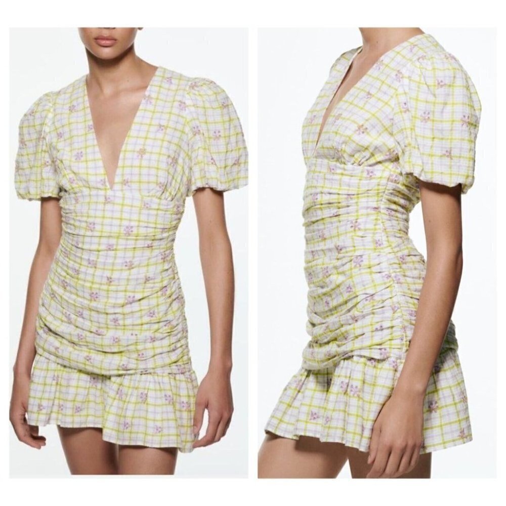 NWT Zara Gingham Floral Embroidered Gathered Puff  Sleeve Mini Dress L